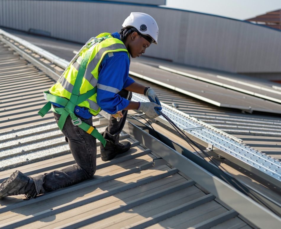 Engineer on rooftop knee down check cable pulling for solar panels photo voltaic installation